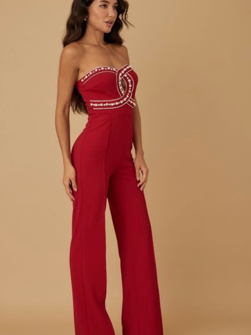 Strapless Red Wide-Leg Jumpsuit with Embellished Waist